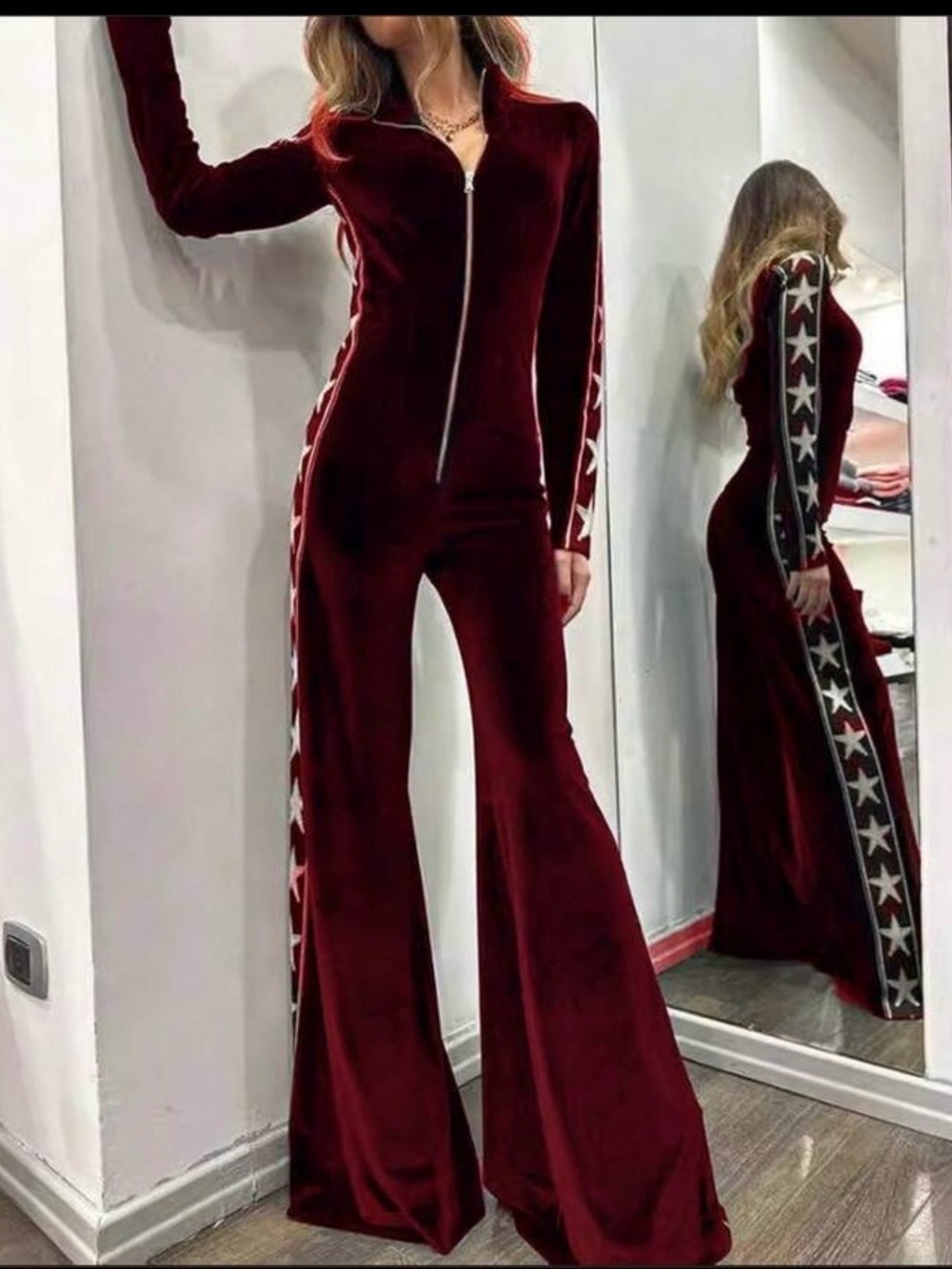 Women's Burgundy Star-Trim Jumpsuit with Flared Legs